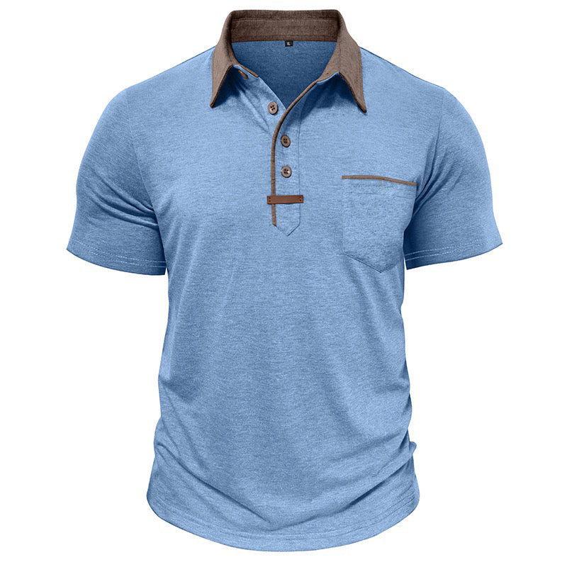 men's blue henley polo shirt with brown collar and buttons