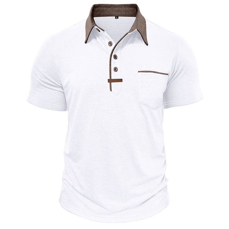 white polo shirt for men with brown collar and chest pocket
