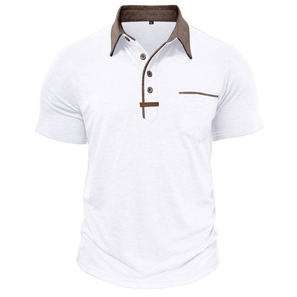 white polo shirt for men with brown collar and chest pocket