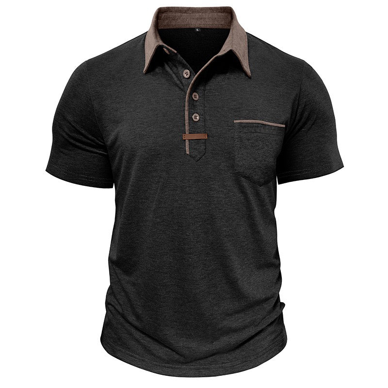 gray polo shirt for men with brown collar and chest pocket