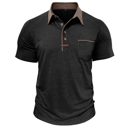 gray polo shirt for men with brown collar and chest pocket