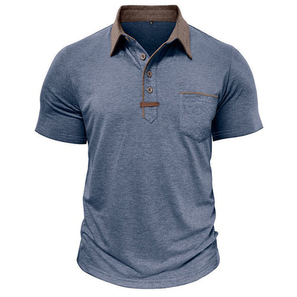 men's blue henley polo shirt with brown collar and buttons