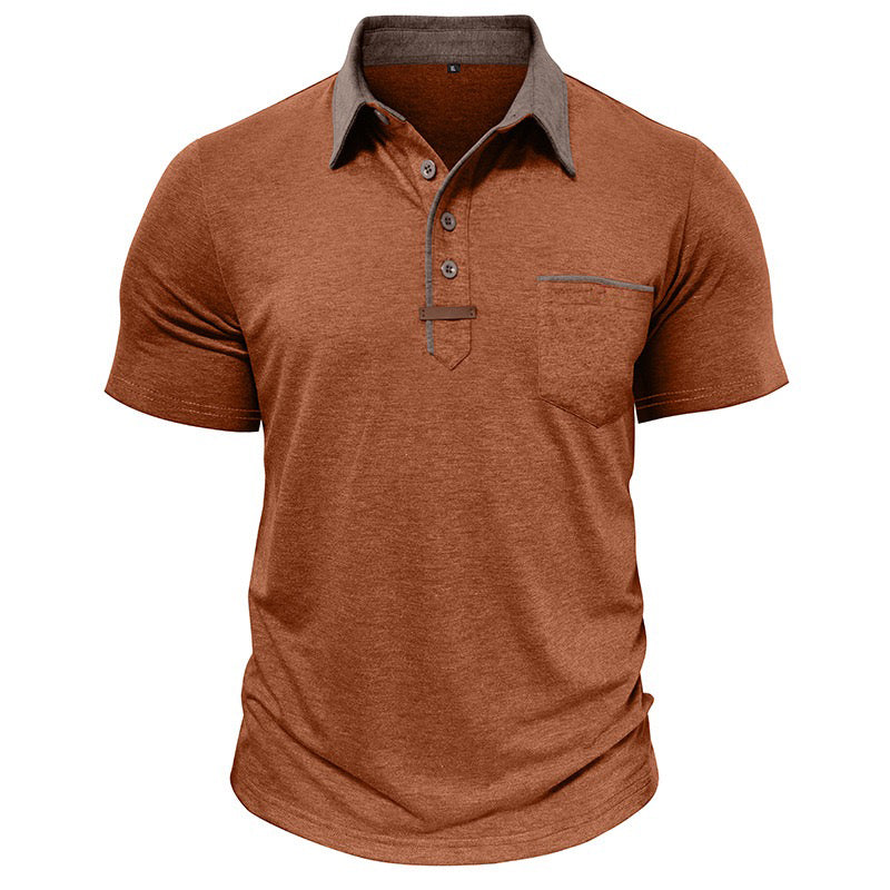 caramel polo shirt for men with brown collar and chest pocket