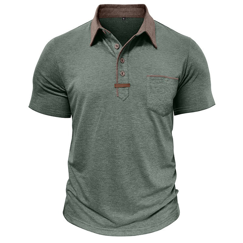 green polo shirt for men with brown collar and chest pocket