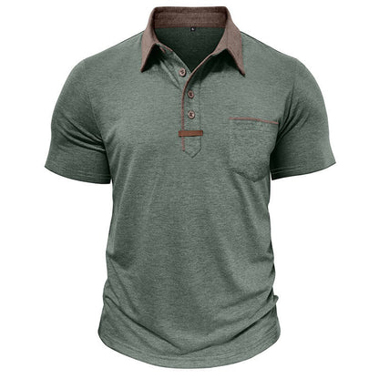 green polo shirt for men with brown collar and chest pocket