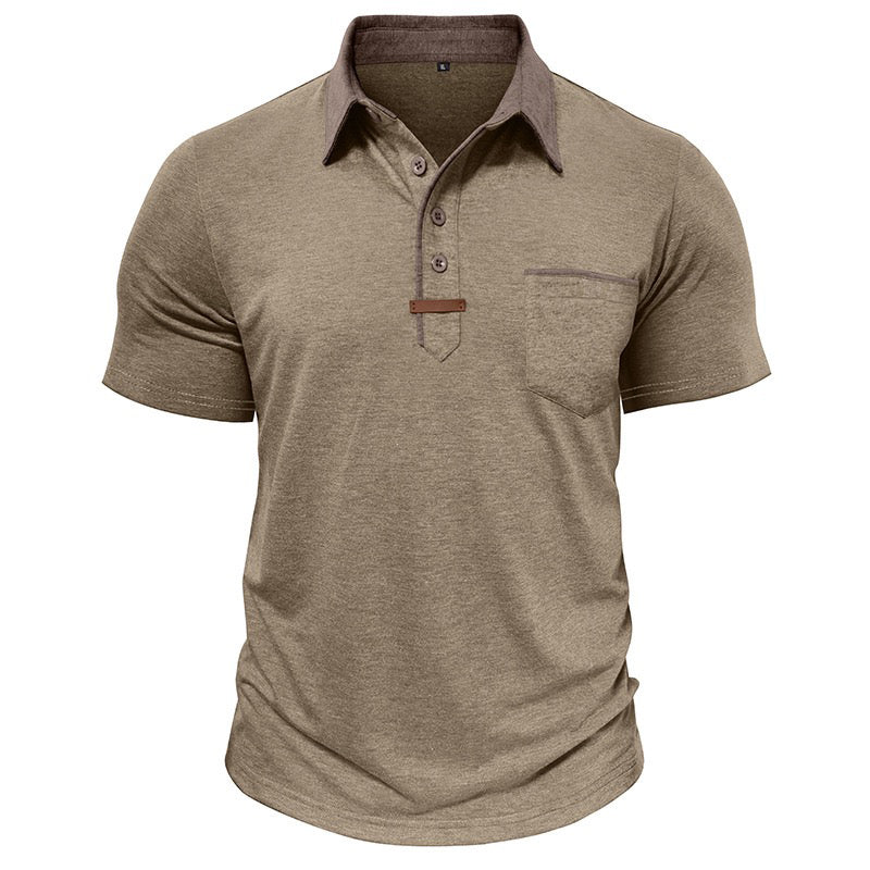 khaki polo shirt  for men with brown collar and chest pocket