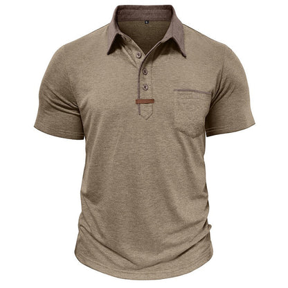 khaki polo shirt  for men with brown collar and chest pocket