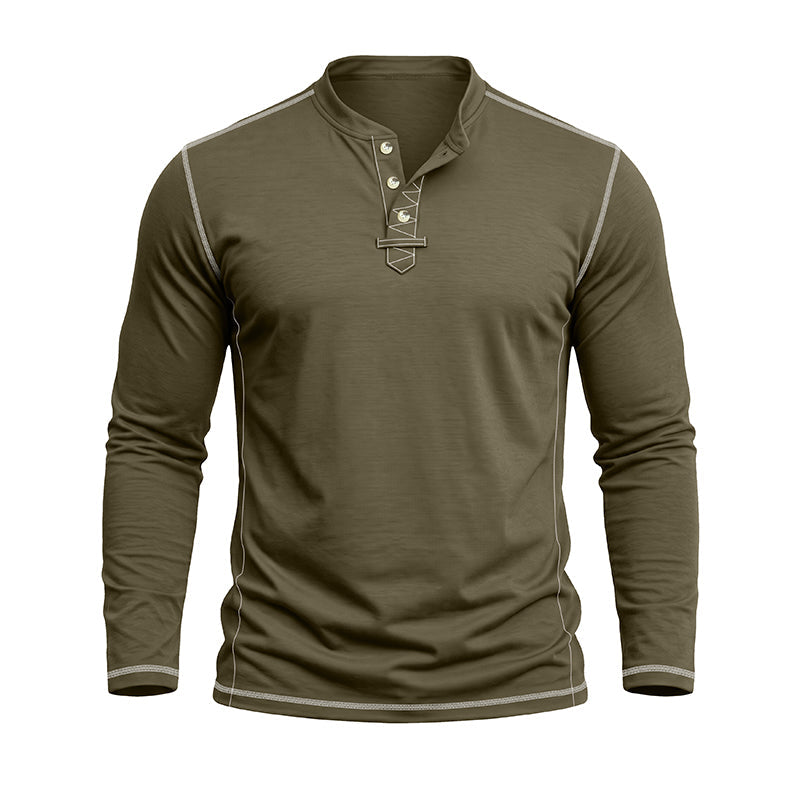 An olive green long-sleeve henley shirt with light gray contrast stitching and a three-button placket, displayed on a white background.
