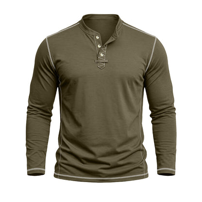 An olive green long-sleeve henley shirt with light gray contrast stitching and a three-button placket, displayed on a white background.