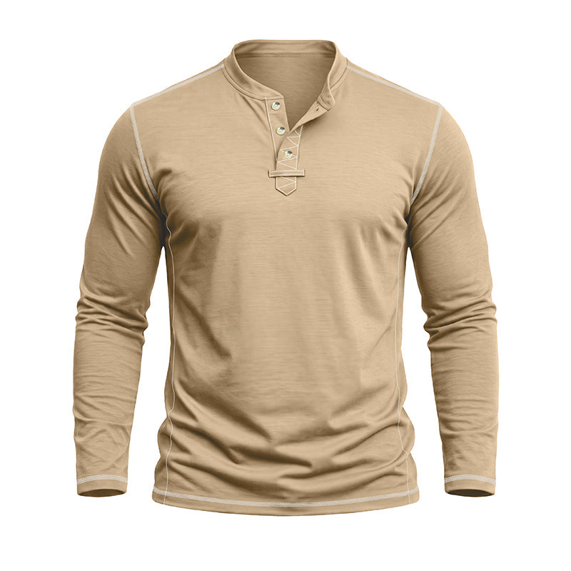 A men's long-sleeve henley shirt in a sandy beige color, featuring a buttoned collar with a decorative tab and light contrast stitching along the shoulders and cuffs, shown on a plain white background.