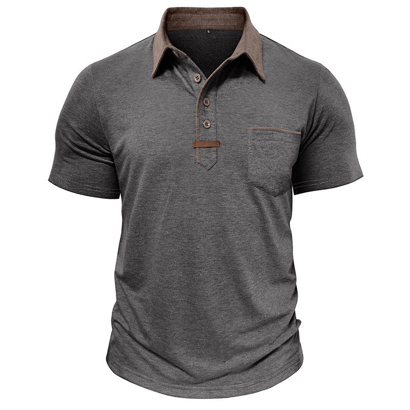 men's blue henley polo shirt with brown collar and buttons