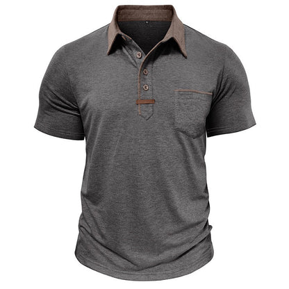 men's blue henley polo shirt with brown collar and buttons