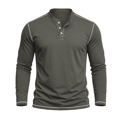 A men's long-sleeve henley shirt in dark olive green with light gray contrast stitching and a three-button placket, shown on a plain white background.
